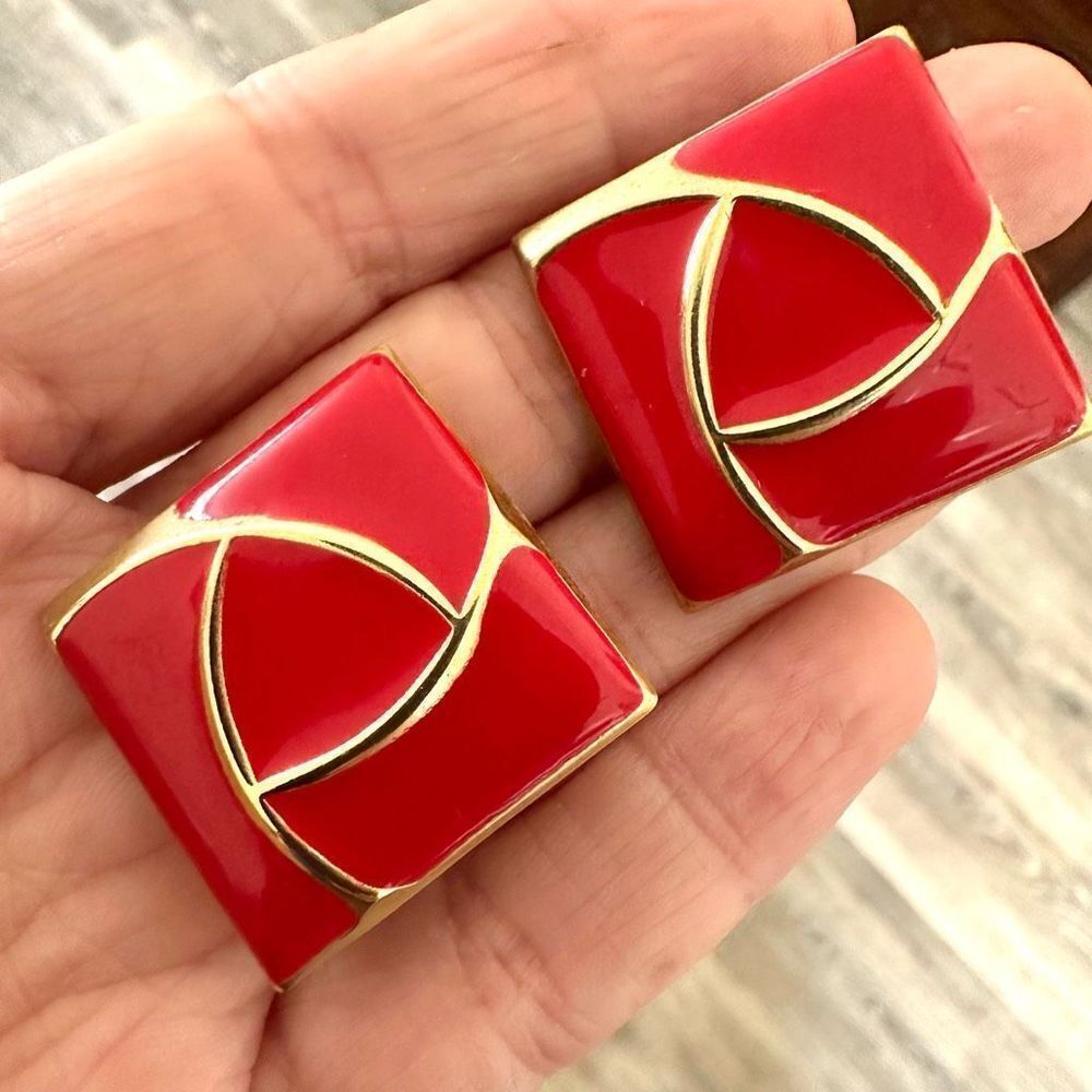 Red and gold tone square vintage clip on earrings